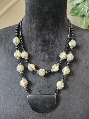 Black Cream Striped Beaded Double Strand Half Moon Pendant Necklace